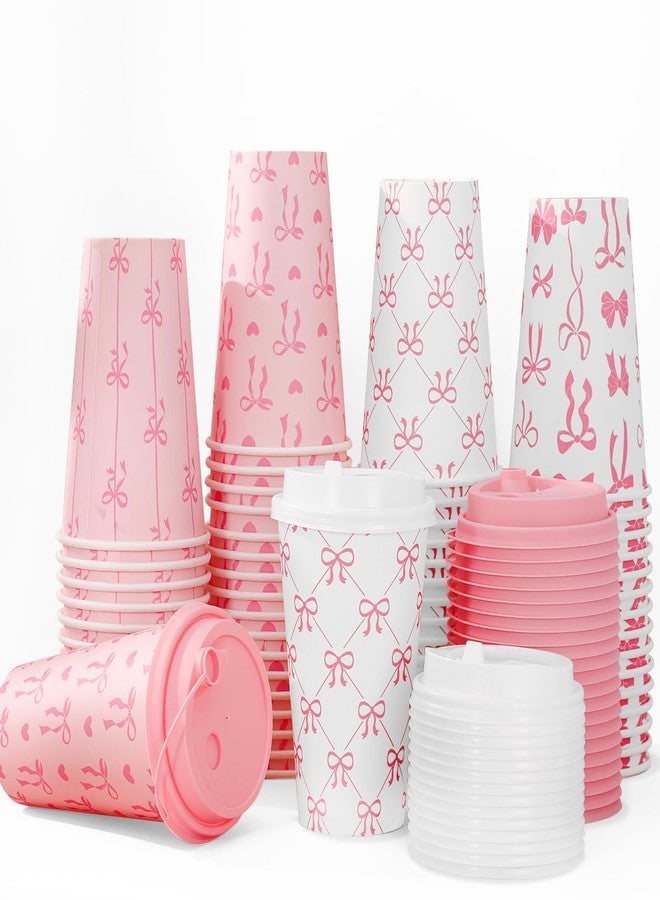 Whaline 100Pcs Pink Bow Paper Cups with Lids 16oz Bowknot Heart Disposable Cups Cute Coquette Drinking Cup for Hold Cold Drinks - Image 1